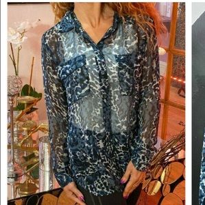 Equipment sheer blue leopard print silk blouse